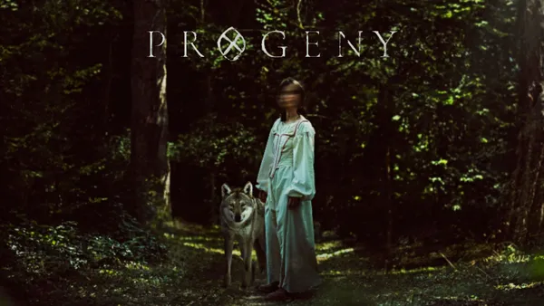 Progeny poster thumbnail featuring the gothic skeletal film logo on a black background.
